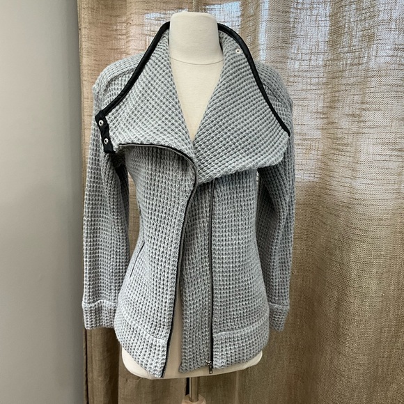 IRO Gray Asymmetrical Waffle Zip Moto Jacket Women's Sweater - Picture 4 of 7